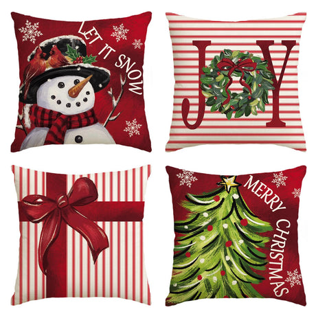 AVOIN colorlife Merry Christmas Let It Snow Joy Stripes Gift Box Red Throw Pillow Covers, 18 x 18 Inch Xmas Tree Holiday Cushion Case Decoration for Sofa Couch Set of 4 AVOIN colorlife