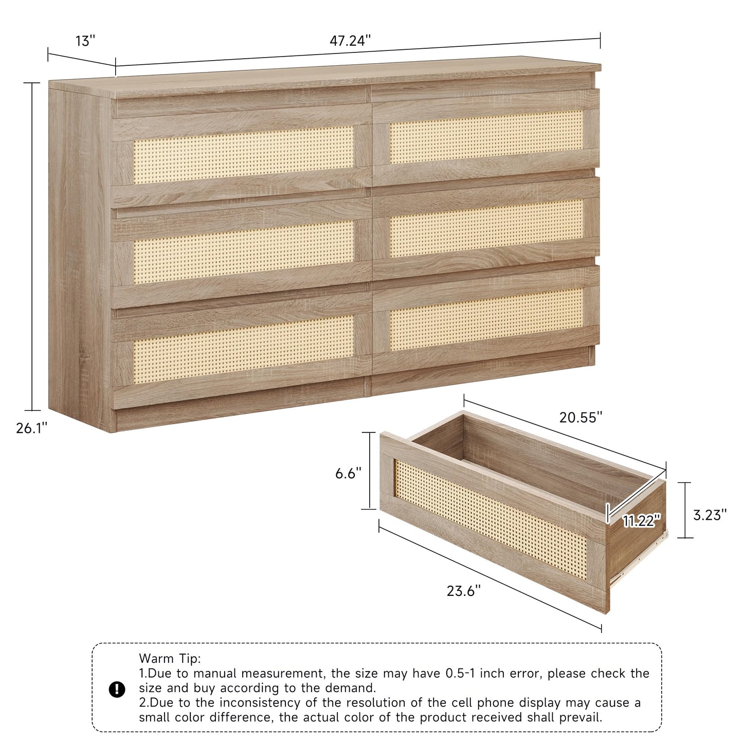 JASIWAY 6 Drawer Dresser for Bedroom - Rattan Dresser, Modern Chest of Dressers, Boho Dresser Chest, Beside Table for Closet, Long Nursery Dresser for Bedroom, Hallway, Entryway (Natural)