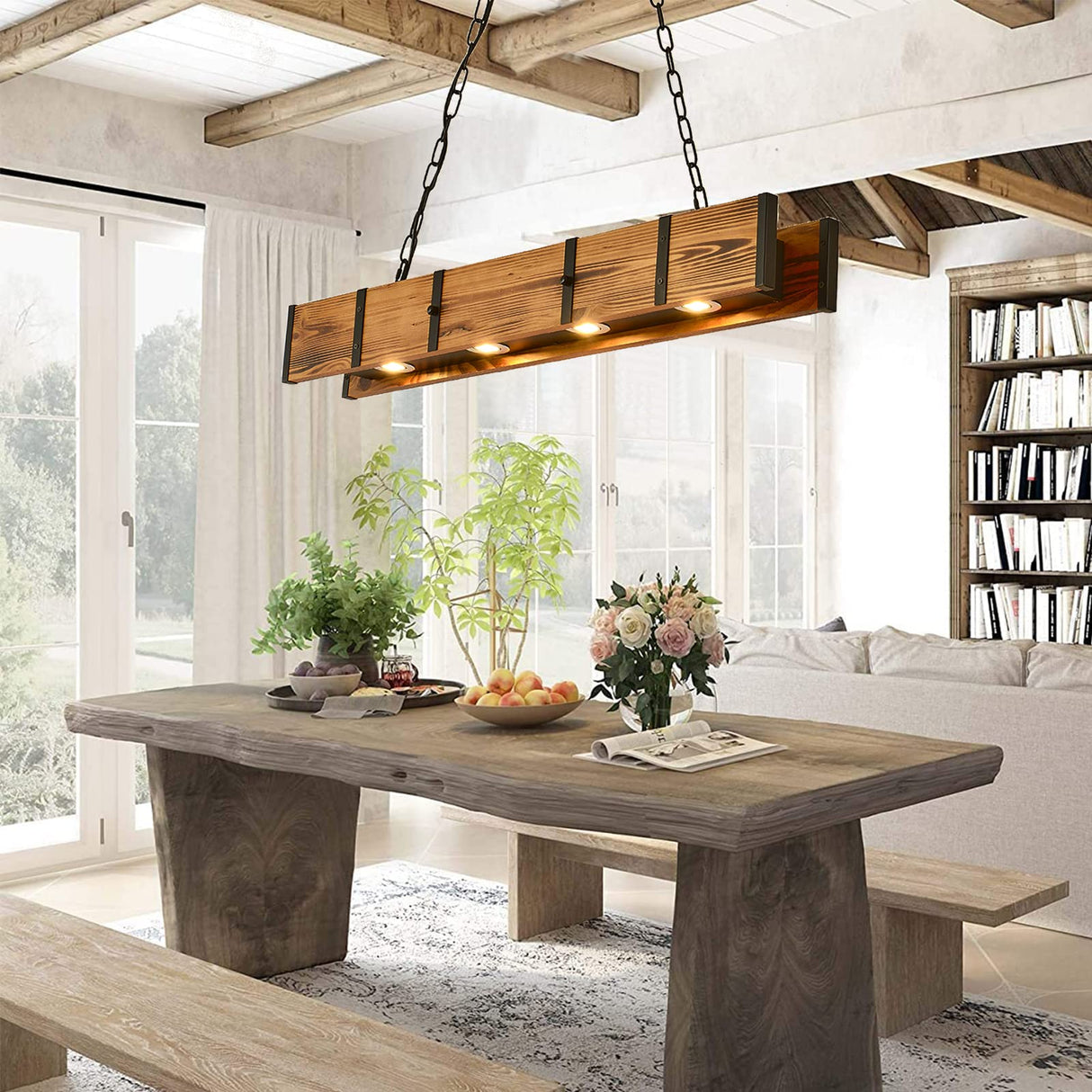 Rustic Wood Chandelier farmhouse light fixtures,hanging wooden beam light for Kitchen Island,Farmhouse Chandelier wood pool table light,wood island led light rustic hanging light BAOURE