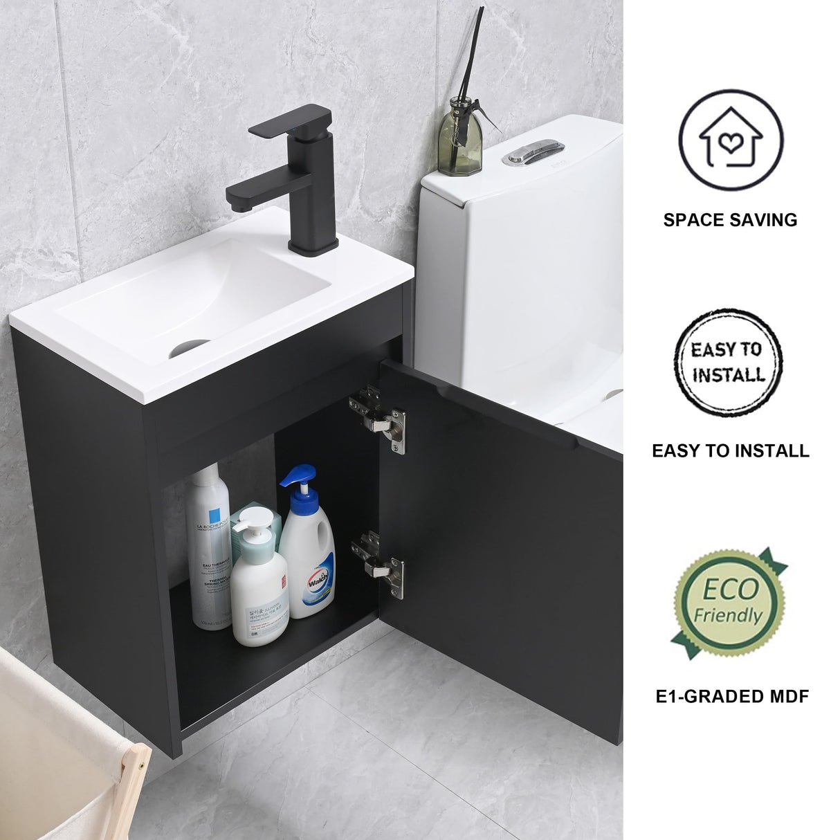 USBATHJOY 16" Bathroom Vanity Sink Combo for Small Space, Wall Mounted Bathroom Cabinet Set with White Resin Basin Sink Top Black Faucet Pop Up Drain Black USBATHJOY