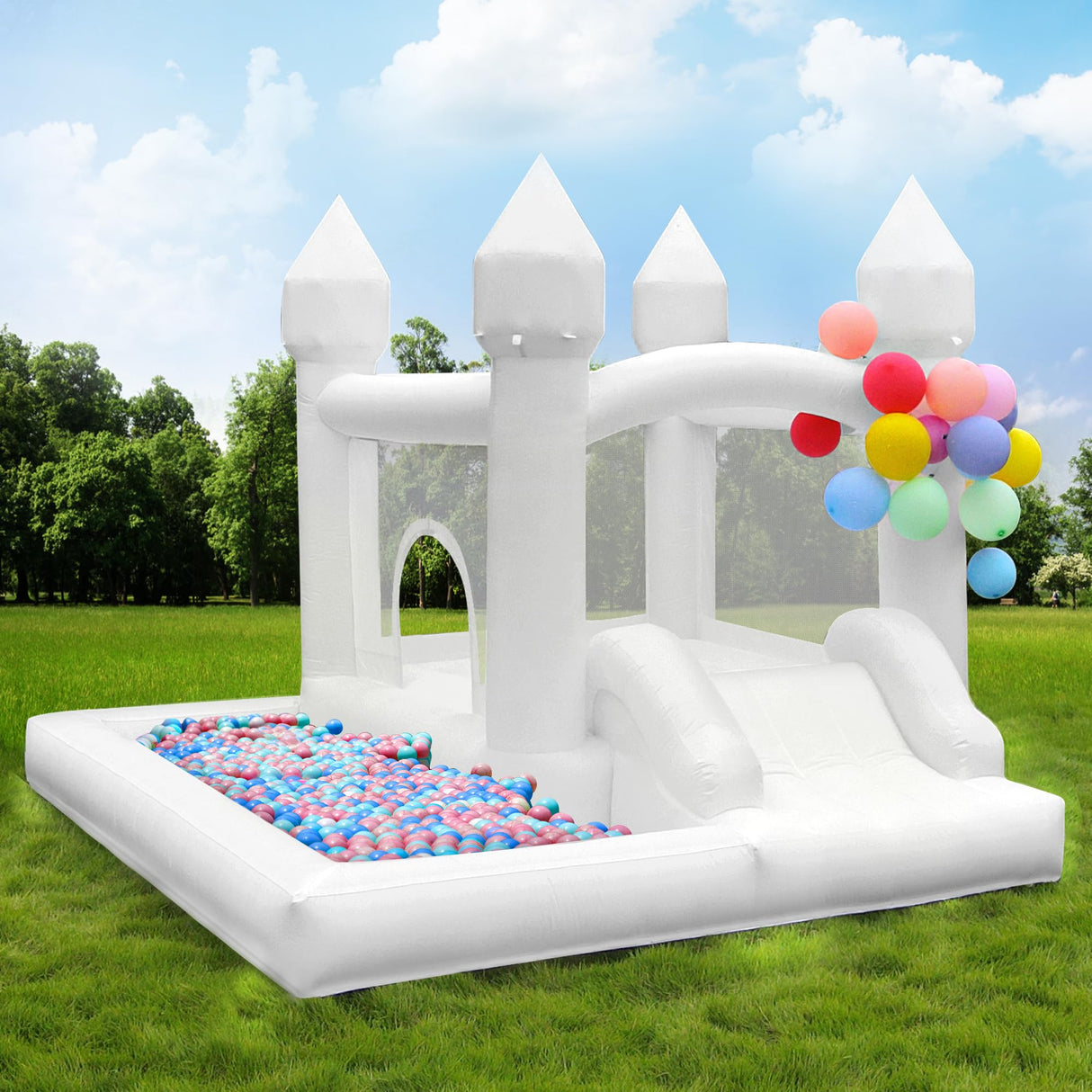 NBSPORT White Bounce House with Blower Included, 9x9x7FT Inflatable Bounce House Castle with Ball Pit and Slide,Small Jumper Bouncy Castle, Fun for Kids Birthday Party NBSPORT