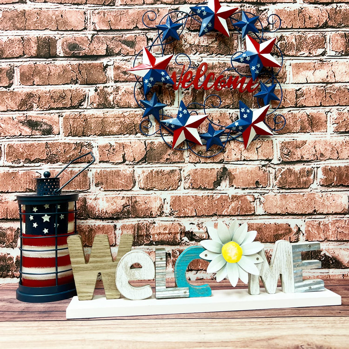 Rustic Wood Daisy Welcome Table Stand Sign Wood Kitchen Table Cabinet Decor, Rustic Wooden Block Letters Welcome Sign Primitive Farmhouse Decoration Grace Home