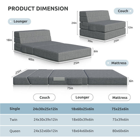 Youzi Folding Sofa Bed, Foldable Mattress for Bedroom and Living Room, 6 Inches Single Four-fold Floor Sofas for Guests, Sofa Bed Chair Floor Mattress with Washable Cover, Dark Gray, 75" x 25" x 6" Youzi