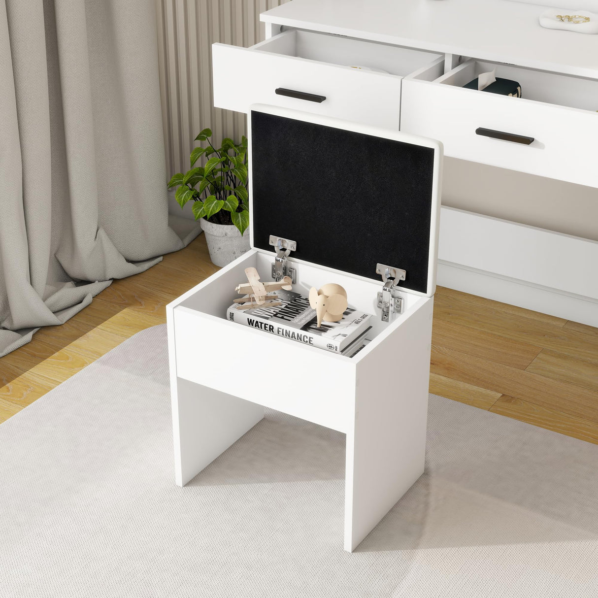 Vanity Desk Set with Mirror, LED Lights and Power Outlet Makeup Table with 2 Large Drawers and Round Holder, Dressing Table with Cushioned Stool for Bedroom, Dressing Room (White) Panana