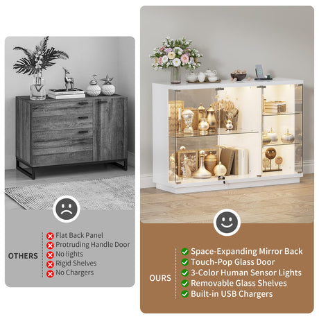 HNEBC Lockable Display Curio Cabinet with Glass Door,47.2" W Glass Display Cabinet with 3 Color Lights for Collectibles,5-Tier Lighted Display Case with Human Sensor,Living Room,White HNEBC