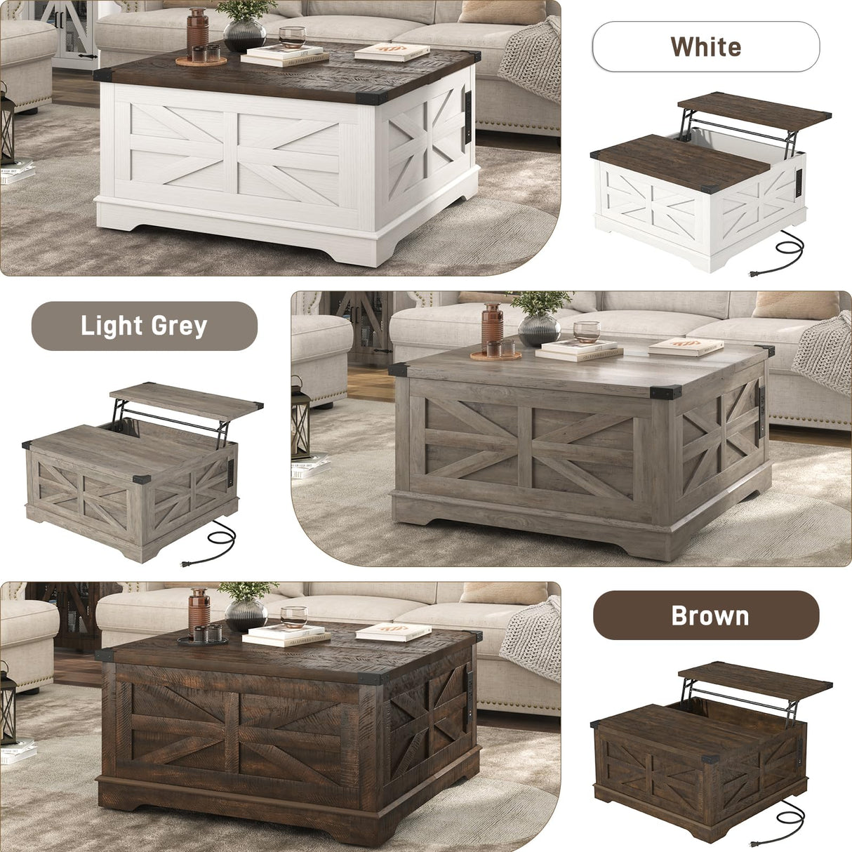 Hlivelood 36" Farmhouse Movable Lift Top Coffee Table with Storage and Power Outlets, Square Wood Living Room Tables with Wheels&Large Hidden Space, Lift Wooden Barn Door Center Table, White Hlivelood