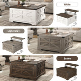 Hlivelood 36" Farmhouse Movable Lift Top Coffee Table with Storage and Power Outlets, Square Wood Living Room Tables with Wheels&Large Hidden Space, Lift Wooden Barn Door Center Table, White Hlivelood