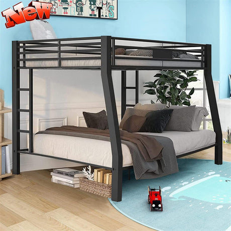 LEEKOUS Upgraded Version Thicken Metal Full XL Over Queen Bunk Bed, Best Industrial Style Heavy Duty Bunk Beds Frame with Side Ladder and Safety Guard Rails for Kids, Adults (Full XL/Queen) LEEKOUS