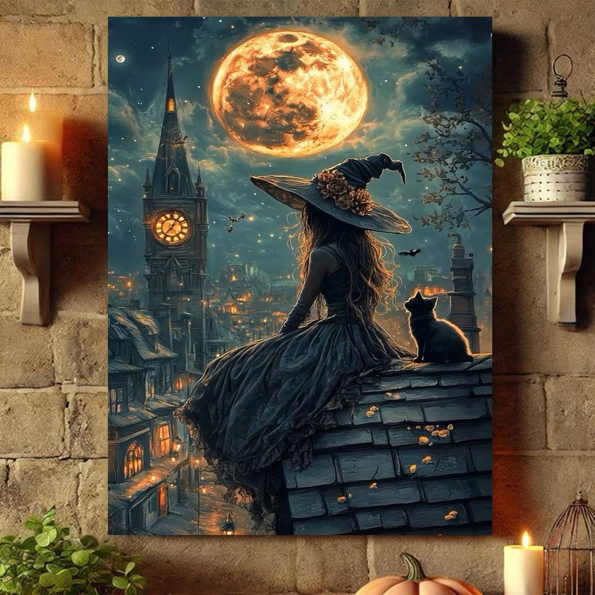 Gemozaic Halloween Paint by Numbers Kit for Adults - Witch Adult Paint by Number Kits on Canvas, Halloween Acrylic Oil Painting by Numbers Kits for Home Wall Decor 16X20 Inch Gemozaic