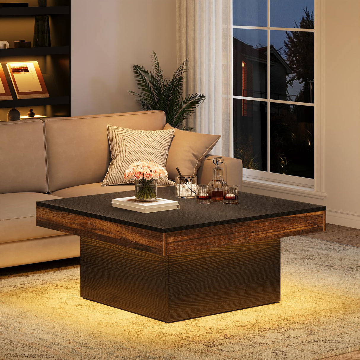 VANOMi 35-inch Square Coffee Table with LED Light, Modern LED Centre Table with Storage, Wood Coffee Table for Living Room,Large Cocktail Table for Living Room VANOMi