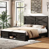 LUXOAK Farmhouse Full Size Bed Frame with Sliding Barn Door Storage, 49" Tall Headboard Wood Bed Frame, Rustic Platform Bed Frame Wooden Slats & Metal Support, No Box Spring Needed, Deep Brown LUXOAK