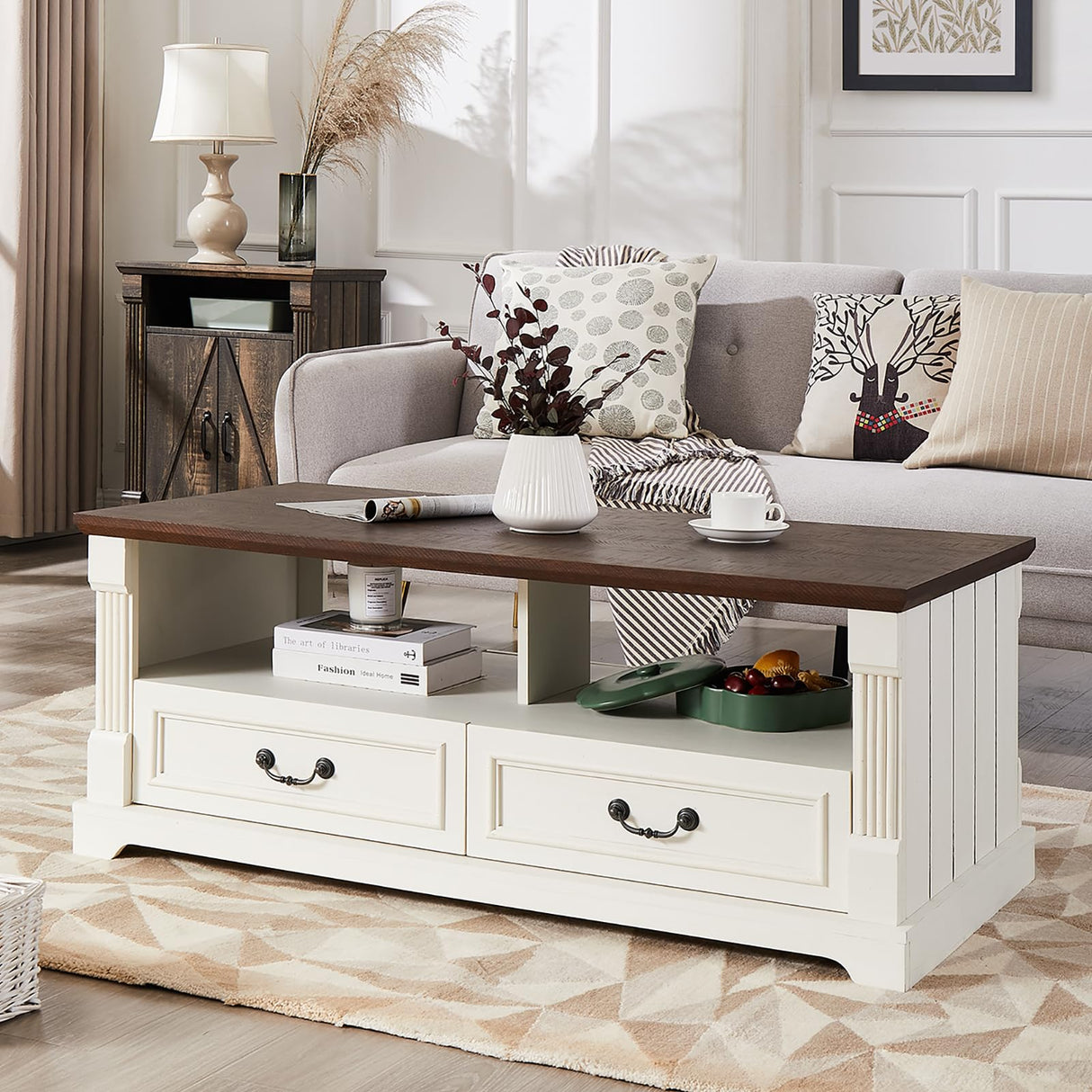 Minifeel 48'' Wood Coffee Table for Living Room, Farmhouse Coffee Table with Storage, Rustic Center Table for Living Room with 4 Drawers, Farmhouse & Industrial Cocktail Table for Home Minifeel