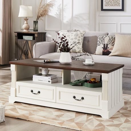 Minifeel 48'' Wood Coffee Table for Living Room, Farmhouse Coffee Table with Storage, Rustic Center Table for Living Room with 4 Drawers, Farmhouse & Industrial Cocktail Table for Home Minifeel