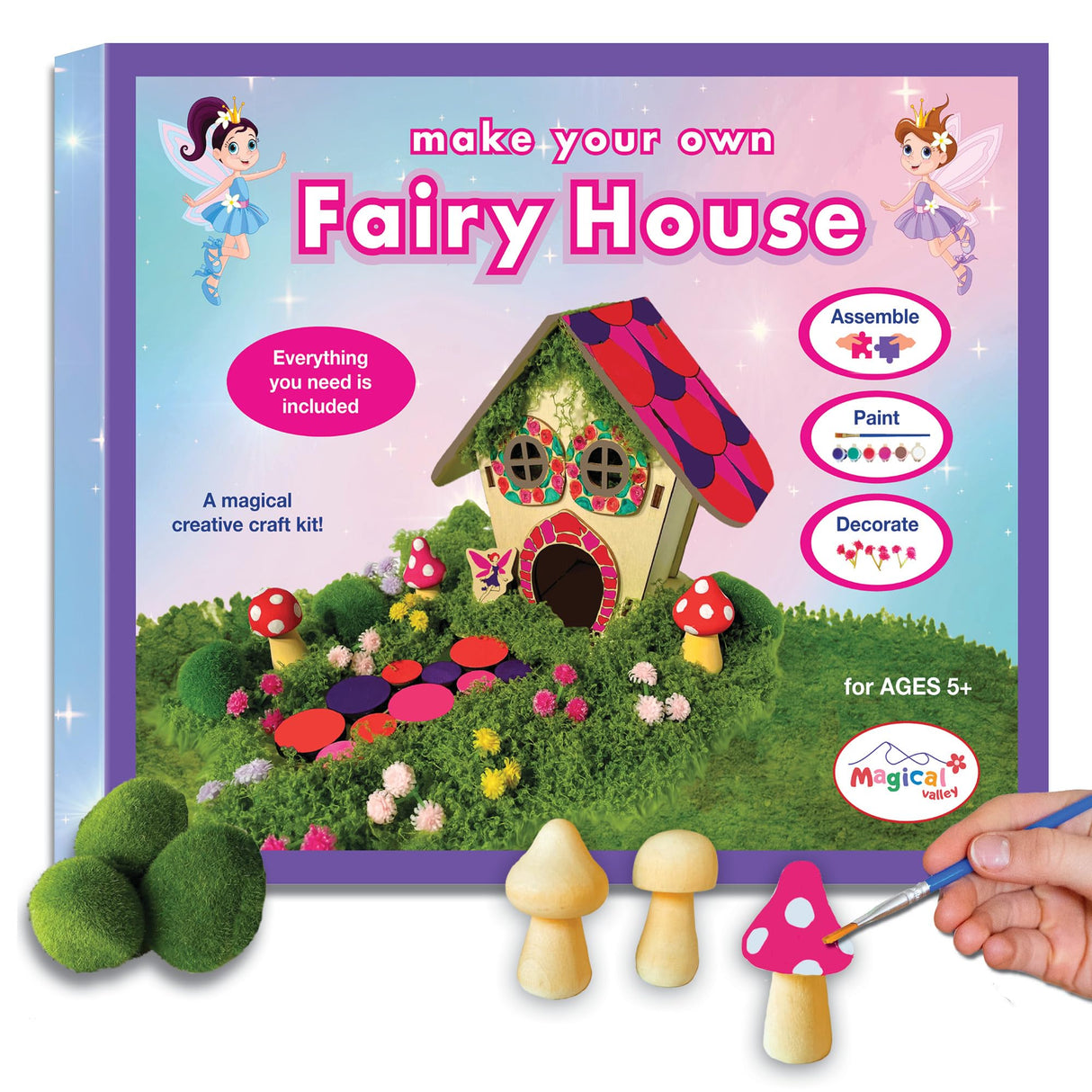 Wooden Fairy House Craft Kit for Kids | DIY Fairy Garden with Paints & Decorations | Creative Arts & Crafts Birthday Gift for Girls Activity | Ages 5, 6, 7, 8-12 Magical Valley