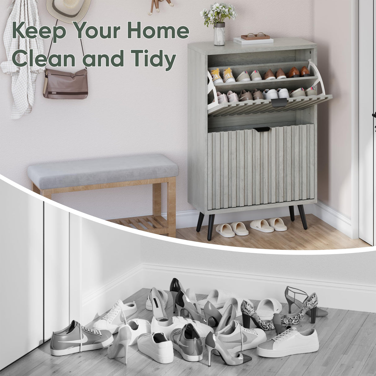 Smuxee Shoe Cabinet with 2 Flip Drawers, 23.6" Grey Hidden Shoe Storage Cabinet with Fluted Design, Freestanding Shoe Organizer Cabinet for Entryway, Hallway, Living Room, Closet Smuxee