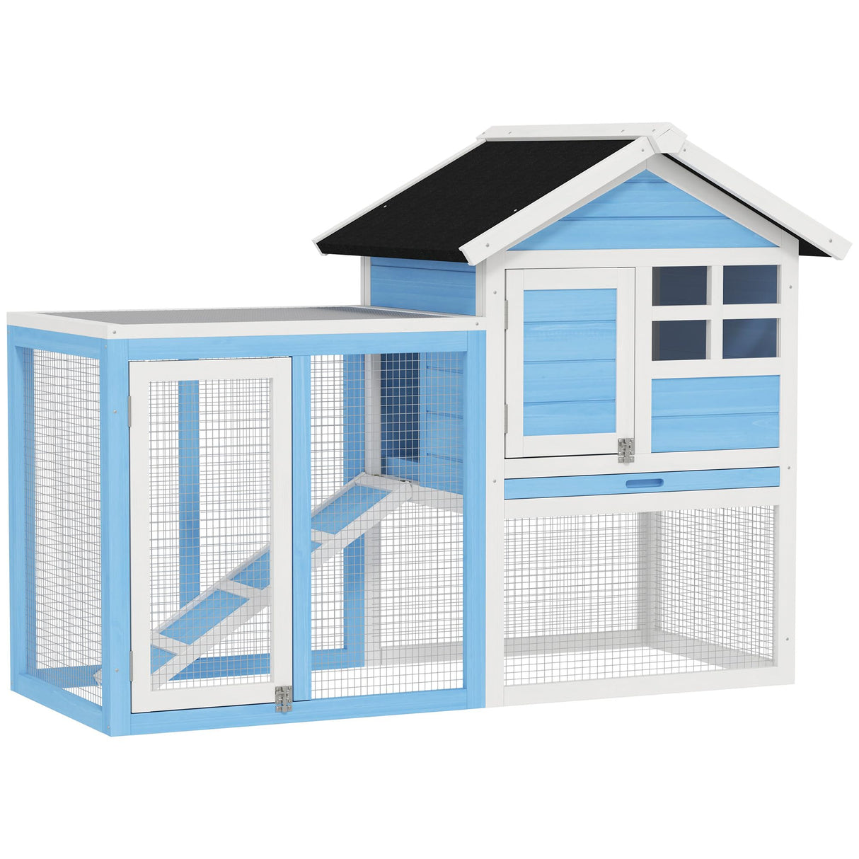 PawHut 48" Wooden Rabbit Hutch Bunny Cage with Waterproof Asphalt Roof, Fun Outdoor Run, Removable Tray and Ramp, Light Blue PawHut