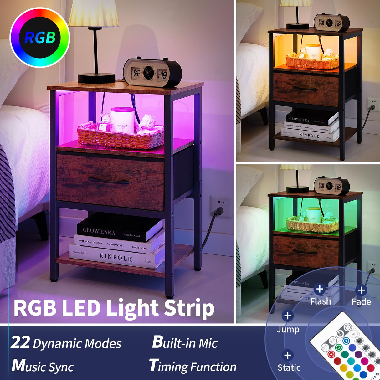 Yoobure Side Table with Storage, LED Night Stand with Charging Station, End Tables Living Room, Nightstand for Bedroom with Adjustable Fabric Drawer, 3-Tier Wood Bedside Table, Berry Brown Yoobure