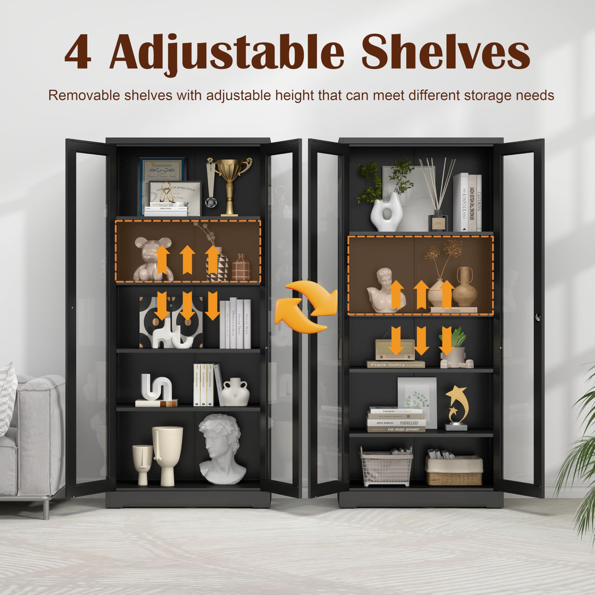 SteeLoong 71" Glass Display Cabinet with Lock,Curio Cabinet with Glass Doors, Metal Display Case with 4 Adjustable Shelves, Black Bookcase Locking Storage Cabinets for,Liquor,Commercial SteeLoong