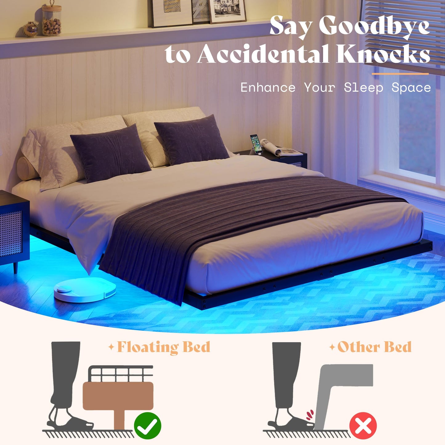 AMERLIFE Floating Bed Frame with LED Lights - Heavy Duty Black Metal Platform, No Box Spring Needed - WoodArtSupply