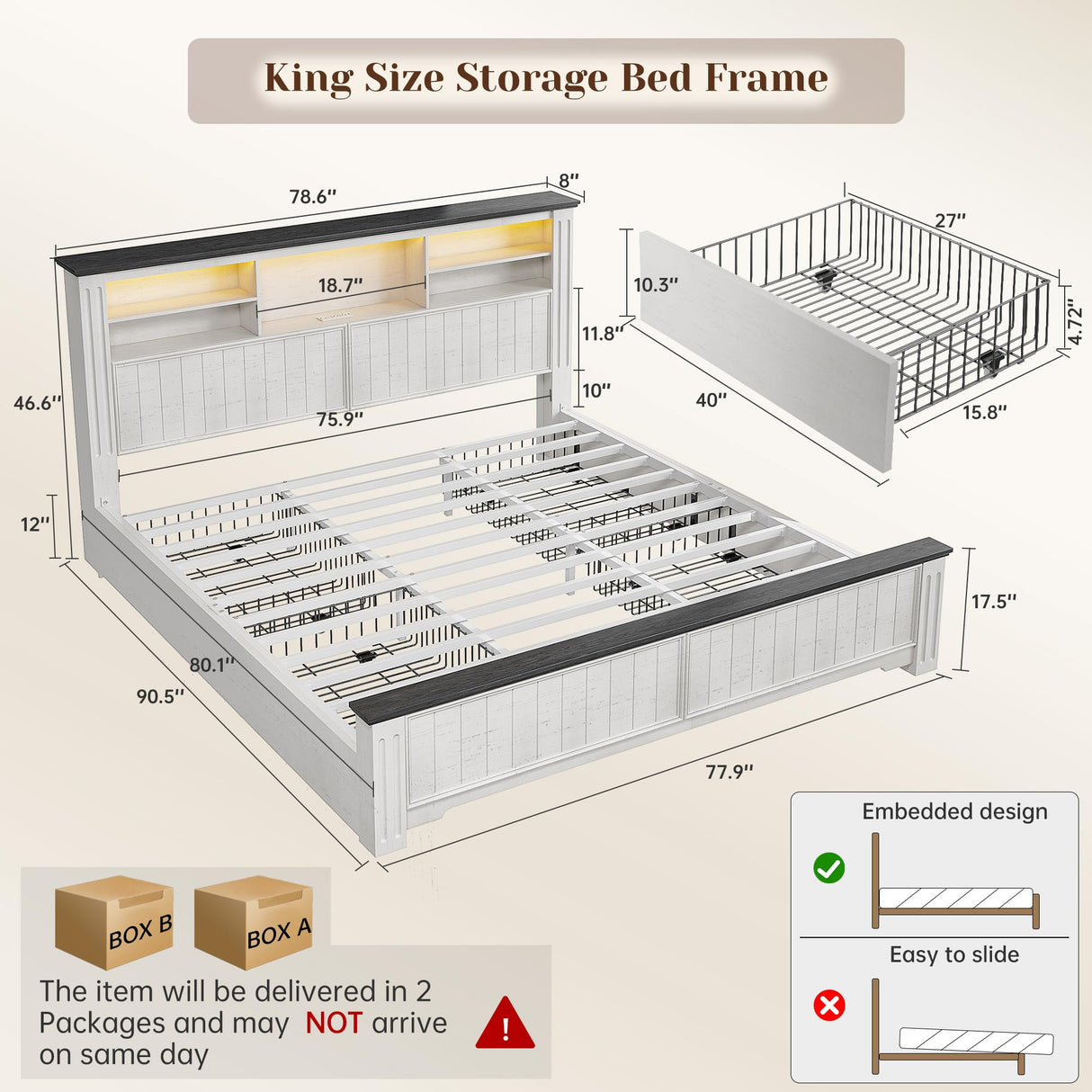 EnHomee King Bed Frame with Headboard and Storage, 4 Drawers & LED & USB King Bed Frame with Storage Farmhouse King Size Bed Frame Built in Charging Station,NO Noise,No Box Spring Needed,White EnHomee