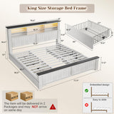 EnHomee King Bed Frame with Headboard and Storage, 4 Drawers & LED & USB King Bed Frame with Storage Farmhouse King Size Bed Frame Built in Charging Station,NO Noise,No Box Spring Needed,White EnHomee