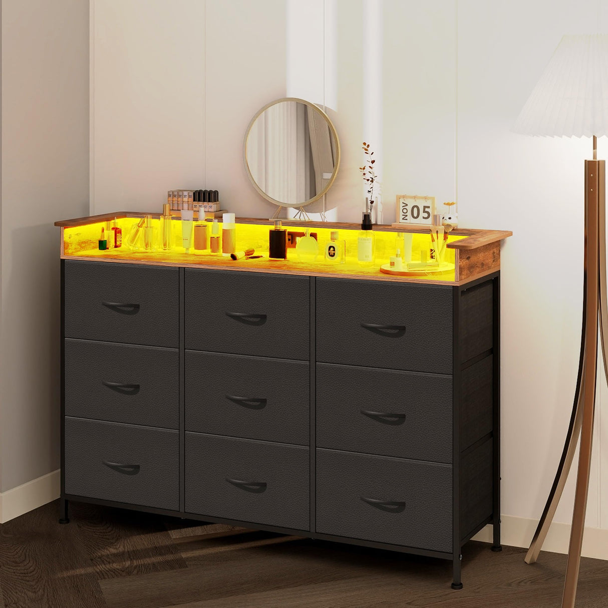 EXOTICA Black Dresser for Bedroom with Charging Station 9 Drawers Dresser with LED Light and USB Ports for Hallway Entryway Closets Sturdy Steel Frame Wood Top (Faux Leather Fabric Drawer) EXOTICA