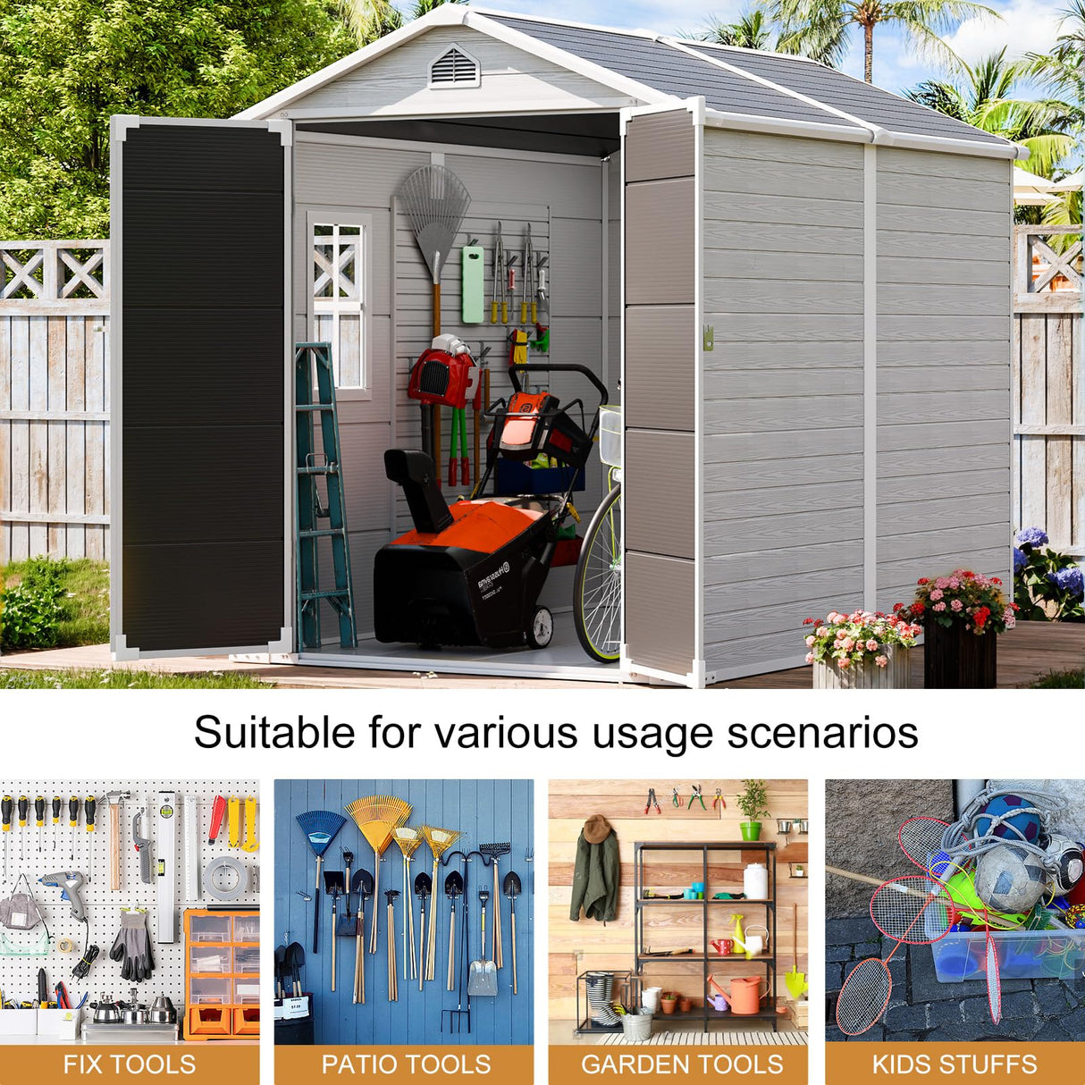 Resin Outdoor Storage Shed with Floor Included 8x6 FT, Large Waterproof Plastic Outside Garden Backyard Patio Lawn Tools Shelter with Window Lockable Door, Gray WELYAS