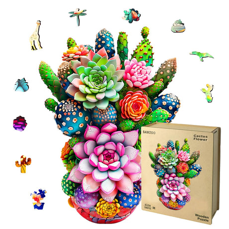 Wooden Jigsaw Puzzles for Adults and Kids, Cactus Flower 200 Piece Unique Shaped Puzzle, Family Game and Creative Wooden Puzzle Gift, Wall Art Decor, 11 x 15 Inch SAWZOO