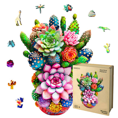 Wooden Jigsaw Puzzles for Adults and Kids, Cactus Flower 200 Piece Unique Shaped Puzzle, Family Game and Creative Wooden Puzzle Gift, Wall Art Decor, 11 x 15 Inch