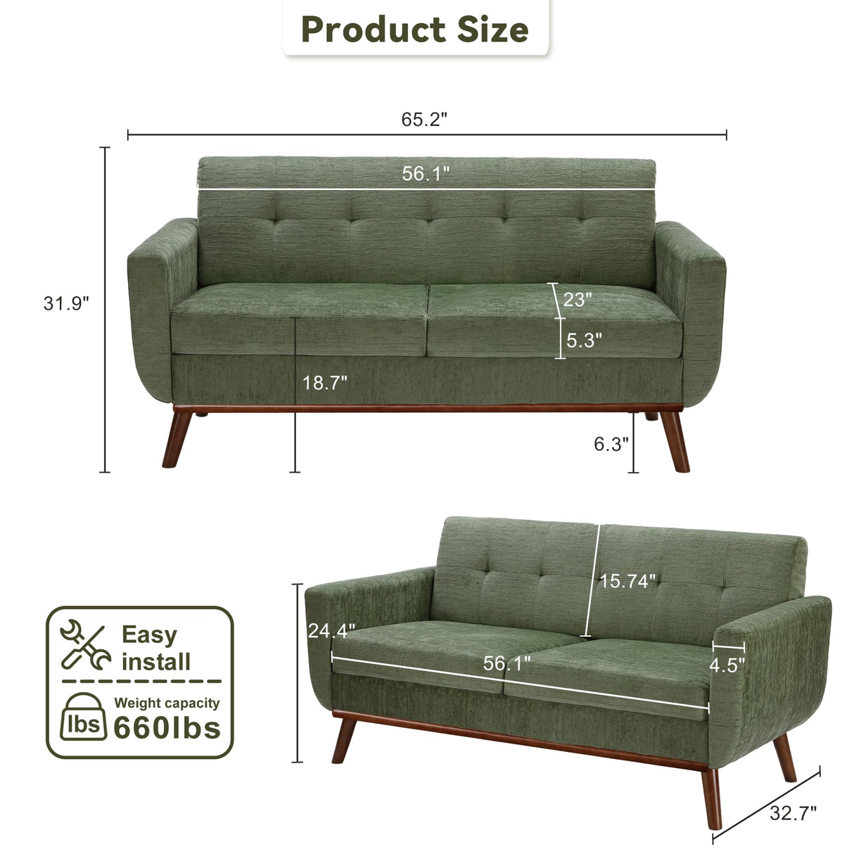 Kingfun 65.2" W Loveseat Sofa, Mid Century Modern Decor Love Seat Couches for Living Room, Button Tufted Upholstered Furniture, Solid & Easy to Install Small Couch for Bedroom Office Apartment, Green Kingfun