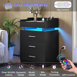 BTHFST LED Nightstand Set of 2, Large Night Stand with Charging Station, Bedside Table with Pull-Out Shelf and 3 Drawers, Modern End Table Side Table with Storage, Black BTHFST