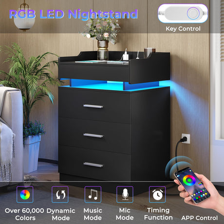 BTHFST LED Nightstand Set of 2, Large Night Stand with Charging Station, Bedside Table with Pull-Out Shelf and 3 Drawers, Modern End Table Side Table with Storage, Black BTHFST