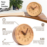 Driini Wooden Analog Desktop Clock – 4.3 in. Decorative Pinewood Clock, No-Tick Design – Easy to Read Silent Sweep Mantle Clock – Quiet Tabletop Clocks with Wood Body, Hands, & Battery Cover; Light Driini