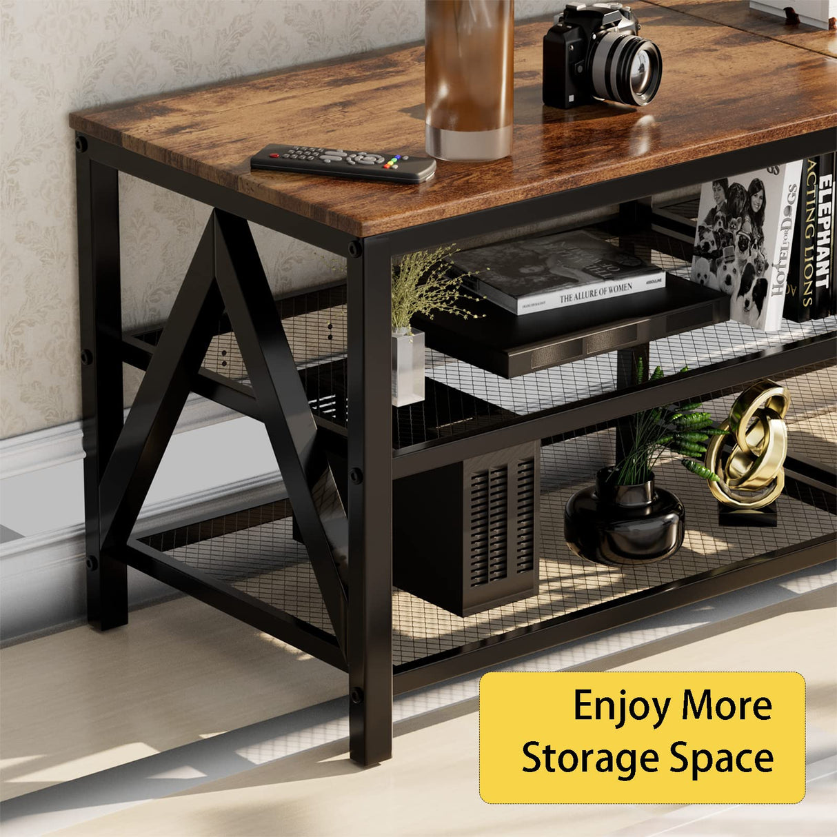 Katrawu TV Stand for TV up to 70 Inch, Long 63" TV Cabinet with 3-Tier Storage Shelves,Entertainment Center TV Console Table for Living Room with Industrial TV Metal Frame, Rustic Brown Katrawu