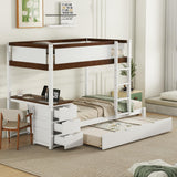 Harper & Bright Designs Twin Over Twin Bunk Bed Twin Size Trundle, Wood Twin Bunk Bed with USB Ports, Storage and Desk, White+Walnut Harper & Bright Designs