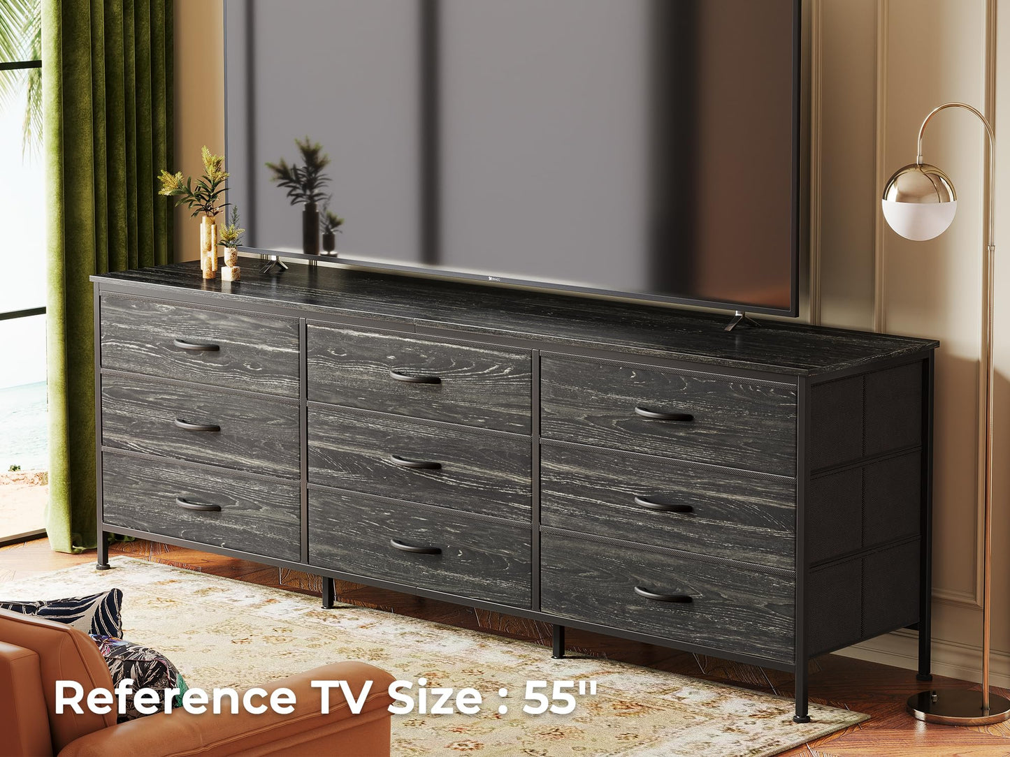 Huuger 9 Drawer Dresser, 63 Inch Dresser TV Stand for 55, 65, 70 Inch TV, Entertainment Center with Drawers, Large Long Fabric Dresser for Bedroom, Closet, Charcoal Black Wood Grain Print,8730D