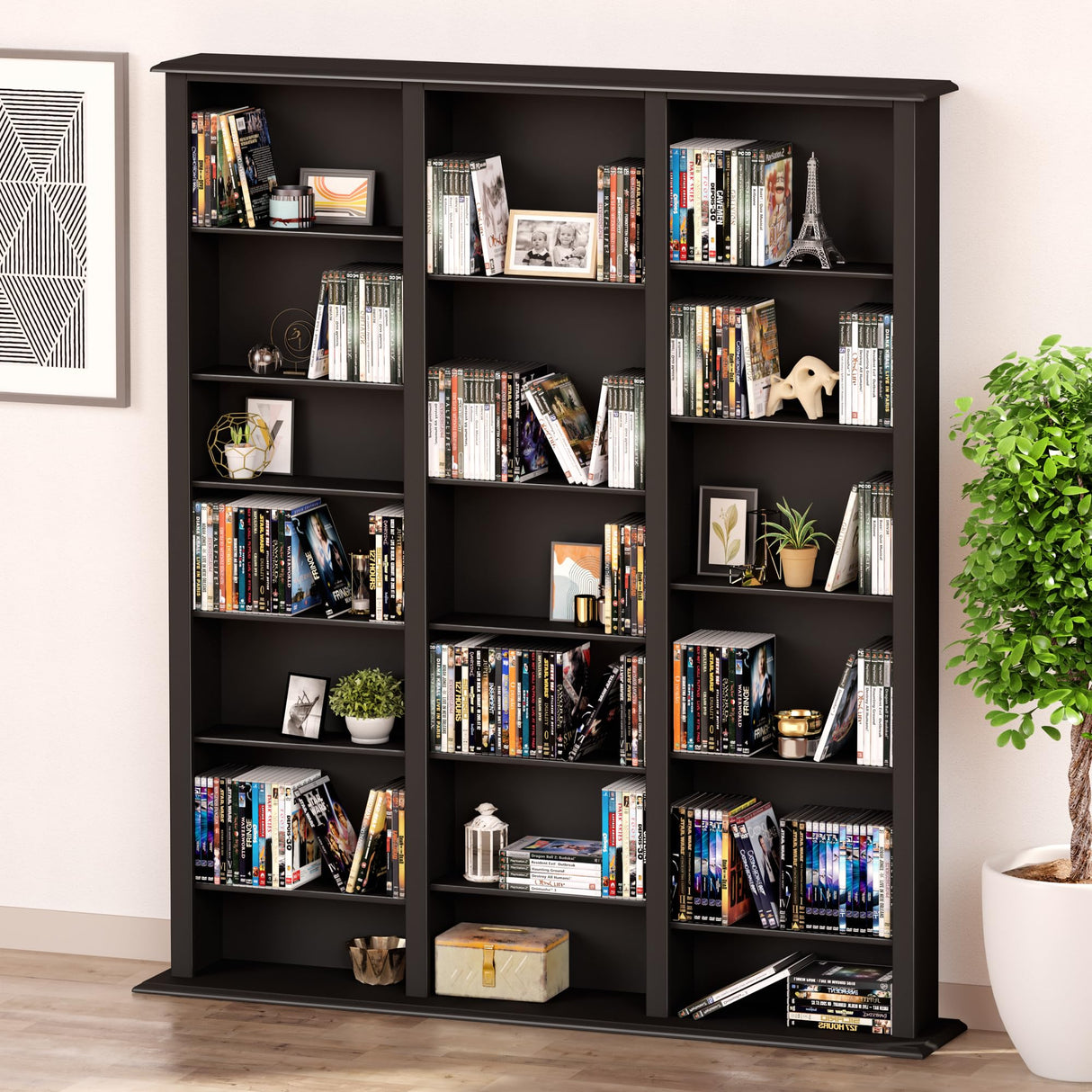 Prepac Barrister 3 Column Tall Storage Cabinet, Black Storage Cabinet with 27 Adjustable Shelves Display DVD for Living Room, 9.5" D x 57" W x 63.75" H Prepac