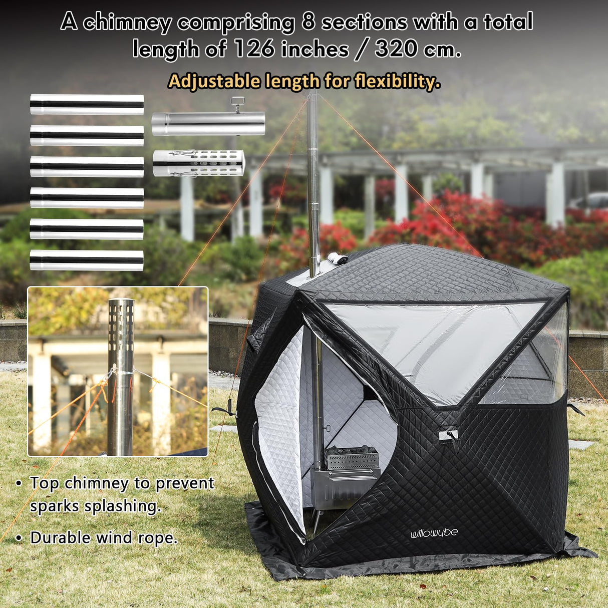 WillowyBe Portale Outdoor Sauna Set with Sauna Tent, Sauna Wood Stove, Sauna Stone for Dry Sauna, Cooking for Family and Friends WILLOWYBE