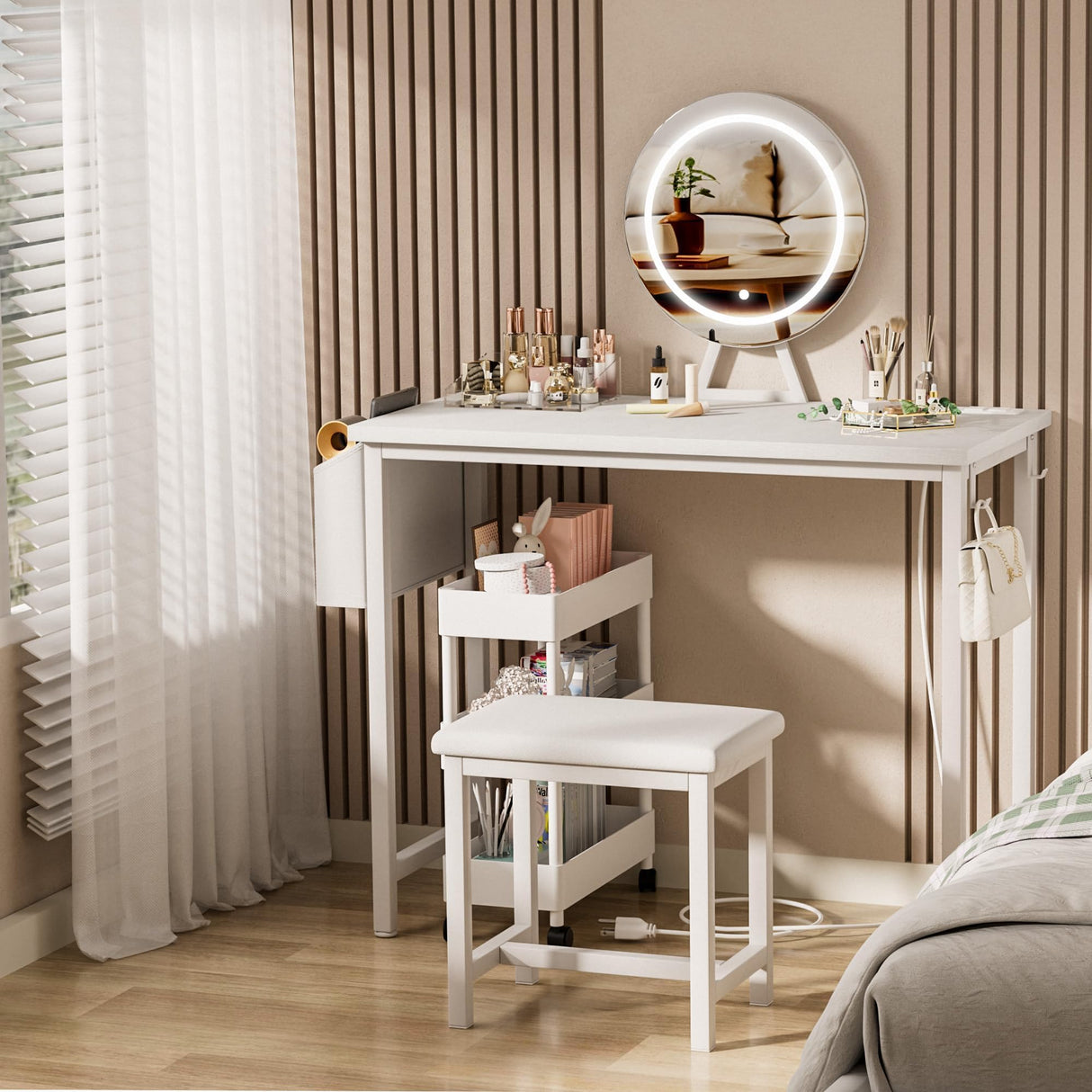 KAI-ROAD Makeup Vanity Desk with Mirror and Lights - Small White Vanity Table with Chair, Power Outlet, Modern Make Up Vanitys Desks Set, Dressing Table for Girls Bedroom KAI-ROAD