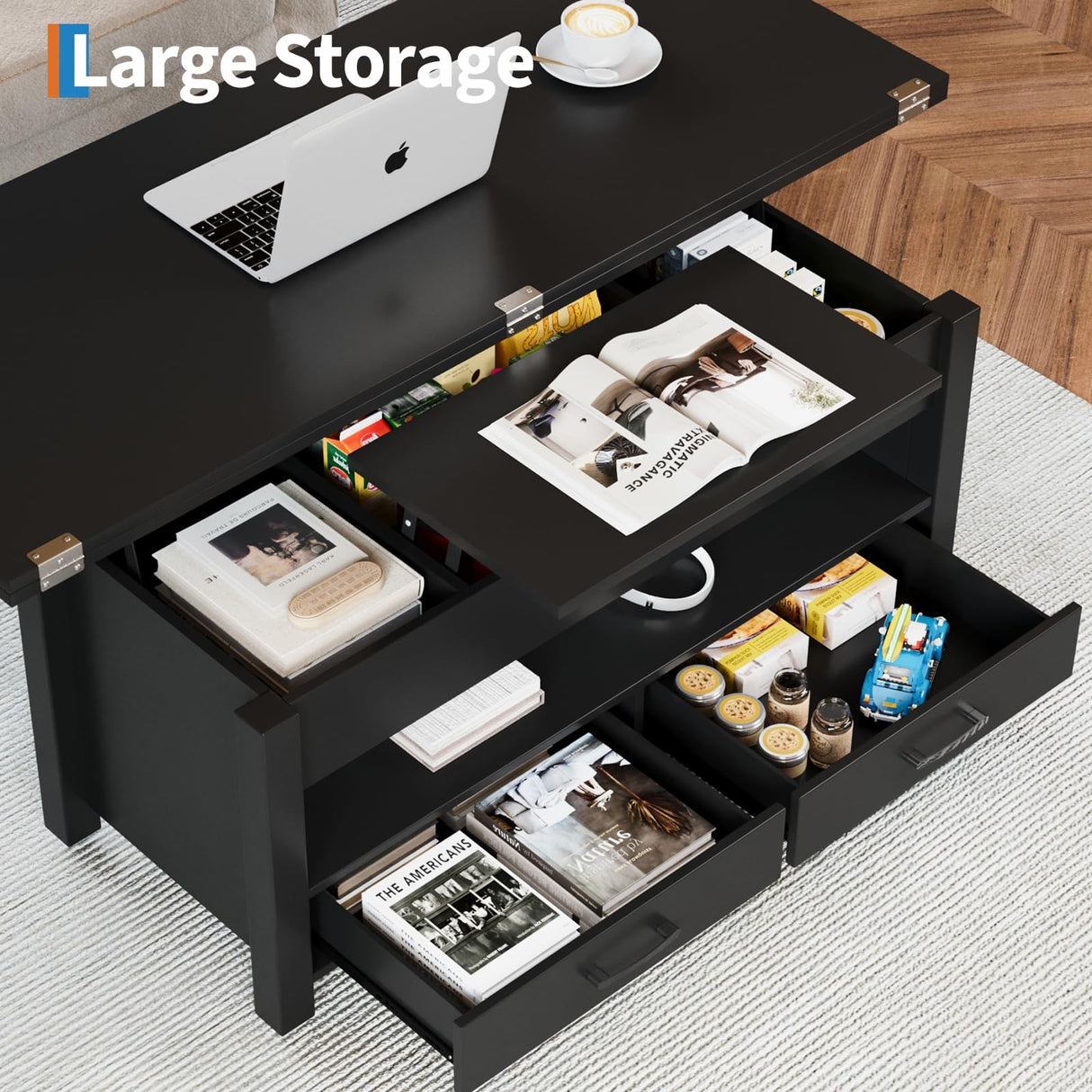 Garvee 40" Coffee Table Lift Top, Multi-Function Convertible Coffee Table with Drawers and Hidden Compartment, Converts to Dining Table for Living Room, Black Garvee