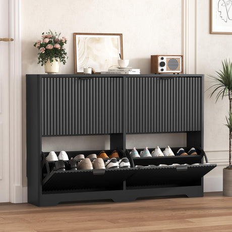 Shoe Cabinet Storage for Entryway with 4 Flip Drawers, Black Fluted Shoe Cabinet with Adjustable Shelves, Wooden Hidden Shoe Rack Freestanding Narrow Slim Shoes Storage for Hallway, Entrance HUANLEGO