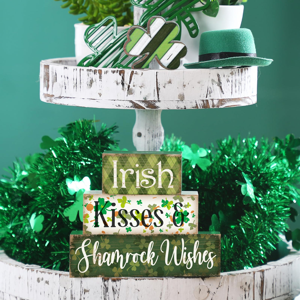 Huquary 4 Pcs Farmhouse St. Patrick's Day Table Sign Irish Table Wood Decorations Shamrock Clover Blocks Lucky Print St. Patrick's Day Tiered Tray Decor for Party Home Desk Huquary