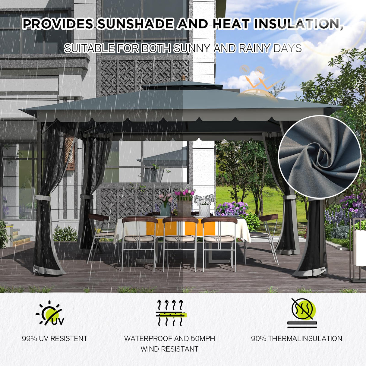 [Upgraded] 10x12 Gazebo with Mosquito Netting,Sturdy Metal Outdoor Patio Gazebo[Heavy Duty Frame],Gazebo Canopy Tent with Dual Air Roof,Patio Canopy Gazebo,All-Weather/Wind Resistant for Deck,Beige RICHRYCE