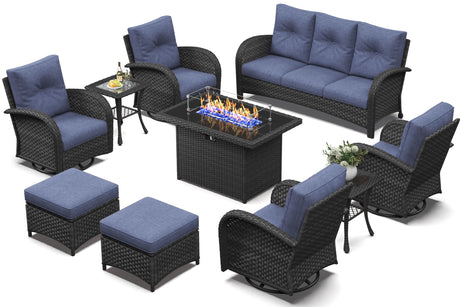Vakollia 10 Pieces Patio Furniture Sets with Fire Pit Table, Wicker Rattan High Back Outdoor Swivel Rocking Chairs Set with 3-Seat Couch, Ottomans and Side Table Vakollia