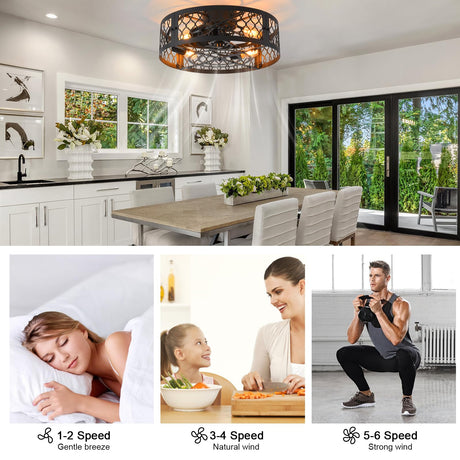 Garwarm 20in Caged Ceiling Fan with Light,Bladeless Black Fandelier Ceiling Fan with Remote,Industrial Farmhouse Flush Mount Ceiling Fan Light Fixtures for Kitchen,Bedroom, Living room（6 Speed,Timing） Garwarm