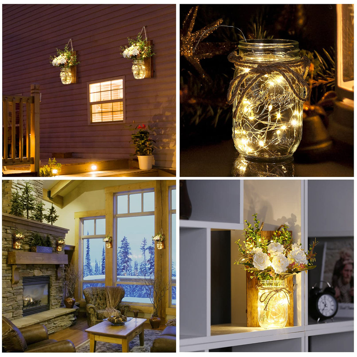 Lightess Wall Decor Mason Jar Sconces with Remote Control, Rustic Home Decor Wall LED Fairy Lights with White Rose, Farmhouse Wall Decorations Lights Set of Two for Dining Room Living Room Lightess