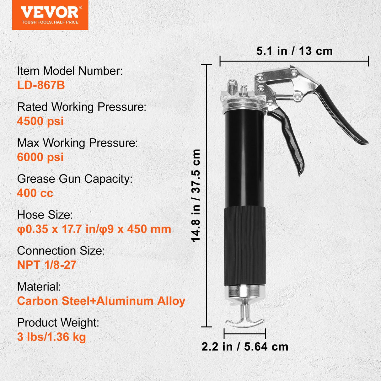 VEVOR Grease Gun, 6000 PSI Heavy Duty Pistol Grip Grease Gun, Grease Gun Kit with 14 oz Load, 17.72 Inch Flexible Hose, 1 Flat Couplers, 1 Pointed Coupler, and 1 Bent Metal Pipe VEVOR