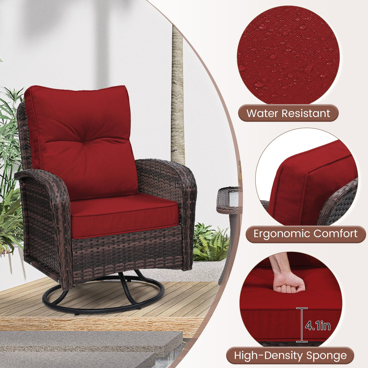 wildformers 2 Luxury Outdoor Swivel Wicker Glider Patio Chairs with Table Set, Overstuffed Washable Cushions, Ideal for Porch, Balcony, Deck, Brown Rattan and Red Cushions wildformers