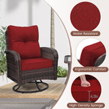 wildformers 2 Luxury Outdoor Swivel Wicker Glider Patio Chairs with Table Set, Overstuffed Washable Cushions, Ideal for Porch, Balcony, Deck, Brown Rattan and Red Cushions wildformers