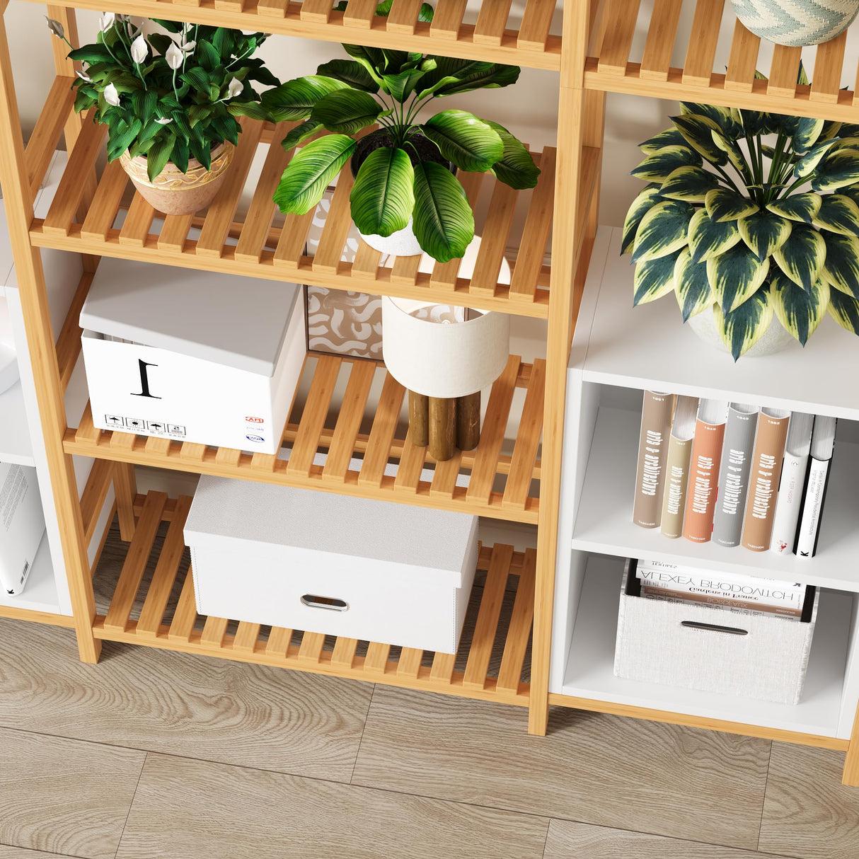 FOTOSOK Bamboo Shelf Bookcase, Triple Wide Bookshelf with 4 Cubes & 9 Shelves, Large Bookshelf with Storage, Plant Shelf Bathroom Shelf Pantry Shelf Standing Organizer Unit, Natural FOTOSOK